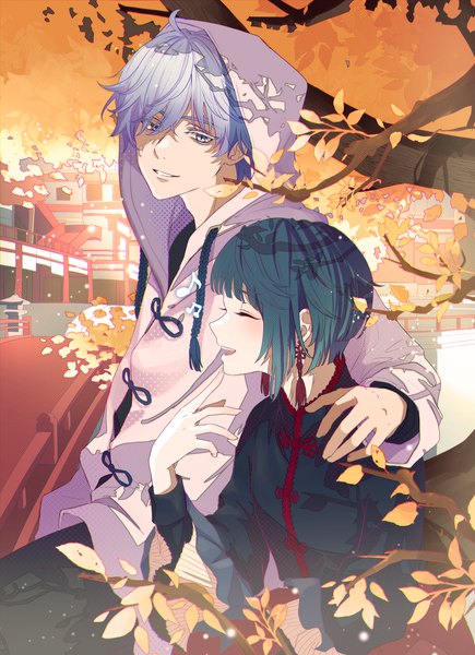 Anime picture 2894x3996 with genshin impact chongyun (genshin impact) xingqiu (genshin impact) nezu (se aroe) tall image fringe highres short hair blue eyes smile hair between eyes blue hair outdoors eyes closed traditional clothes profile multiple boys chinese clothes ^ ^ shounen ai