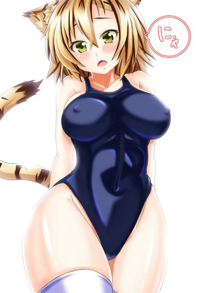 Anime picture 694x1000 with touhou toramaru shou ebi 193 single tall image blush fringe short hair breasts open mouth light erotic blonde hair simple background large breasts white background green eyes animal ears tail animal tail cat ears
