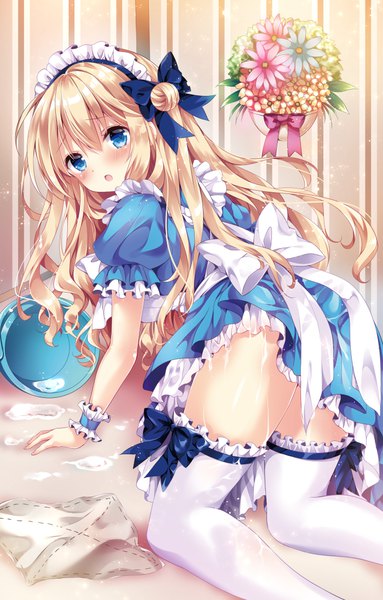 Anime picture 700x1095 with original nogi takayoshi single long hair tall image looking at viewer blush fringe open mouth blue eyes light erotic blonde hair hair between eyes looking back maid wet hair bun (hair buns) on all fours girl thighhighs
