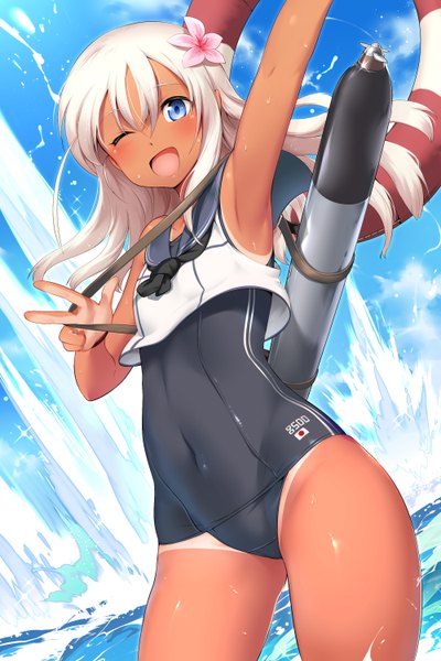 Anime picture 2000x3000 with kantai collection ro-500 submarine mdastarou single long hair tall image looking at viewer blush highres open mouth blue eyes light erotic white hair one eye closed hair flower wink girl hair ornament flower (flowers) swimsuit