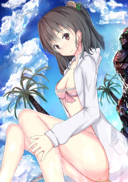 Anime picture 1020x1447 with original shirotaso0818 single tall image looking at viewer blush short hair light erotic black hair sitting brown eyes sky cloud (clouds) light smile open clothes dutch angle girl hair ornament swimsuit plant (plants)