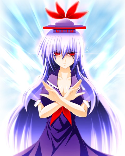 Anime picture 1575x1969 with touhou kamishirasawa keine engo (aquawatery) single long hair tall image looking at viewer red eyes purple hair multicolored hair crossed arms colored inner hair angry girl dress hat