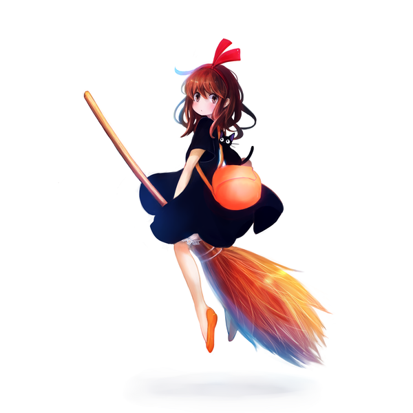 Anime picture 2500x2500 with kiki's delivery service studio ghibli kiki jiji mari (milkuro-cat) long hair looking at viewer blush fringe highres simple background brown hair white background brown eyes flying girl dress bow animal black dress