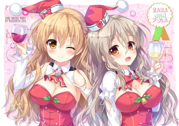 Anime picture 1253x882 with kantai collection pola (kantai collection) zara (kantai collection) ameto yuki long hair looking at viewer blush fringe breasts open mouth light erotic blonde hair smile hair between eyes large breasts multiple girls holding brown eyes signed upper body