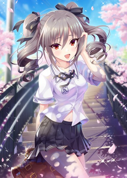Anime picture 1139x1600 with idolmaster idolmaster cinderella girls kanzaki ranko urabi (tomatohouse) single long hair tall image looking at viewer blush fringe open mouth smile hair between eyes red eyes standing twintails payot outdoors :d pleated skirt