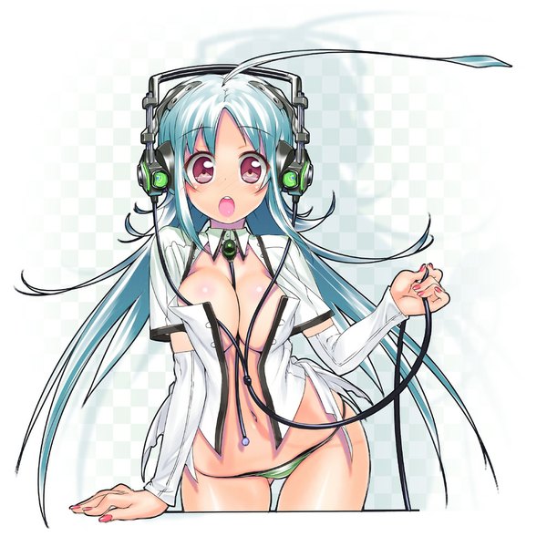 Anime picture 1000x1000 with original takada kazuhiro (artist) single long hair blush breasts open mouth light erotic red eyes blue hair open clothes open shirt girl navel underwear panties headphones wire (wires)
