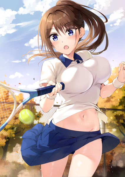 Anime picture 849x1200 with boku no kanojo sensei fujiki maka oryou single long hair tall image blush fringe breasts open mouth blue eyes light erotic hair between eyes brown hair large breasts looking away sky cloud (clouds) outdoors ponytail