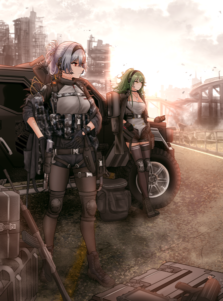 Anime picture 2732x3676 with girls frontline thunder (girls frontline) m950a (girls frontline) turisasu long hair tall image highres short hair red eyes standing multiple girls holding green eyes yellow eyes payot looking away sky silver hair full body outdoors