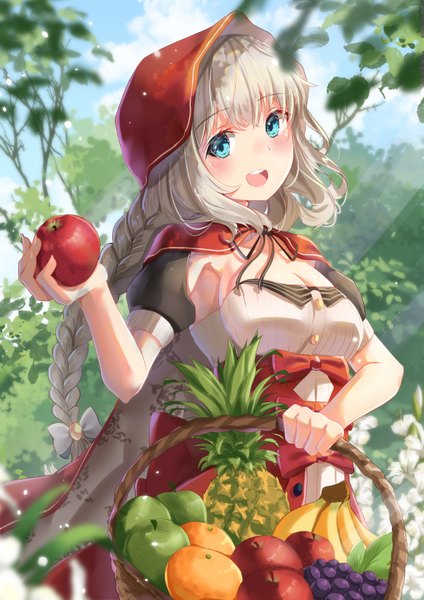 Anime picture 2480x3508 with fate (series) fate/grand order marie antoinette (fate/grand order) holmemee single long hair tall image looking at viewer fringe highres breasts open mouth blonde hair standing holding payot sky cleavage cloud (clouds) outdoors