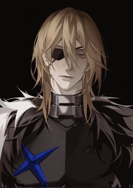 Anime picture 1451x2048 with fire emblem fire emblem: three houses nintendo dimitri alexandre blaiddyd lynnn28208524 single tall image looking at viewer fringe short hair blue eyes simple background blonde hair hair between eyes upper body black background portrait boy eyepatch gorget