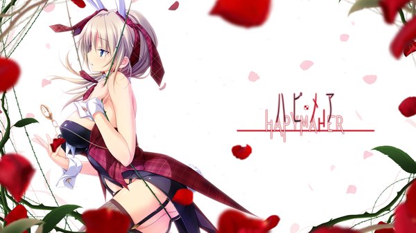 Anime picture 1920x1080 with hapymaher purple software yayoi b lutwidge koku single long hair highres blue eyes light erotic blonde hair wide image bunny ears girl thighhighs flower (flowers) black thighhighs petals clock bunnysuit pocket watch