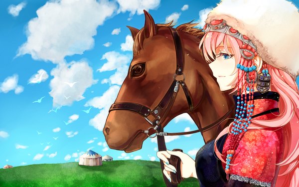 Anime picture 1920x1200 with vocaloid megurine luka funkid single long hair fringe highres blue eyes pink hair sky cloud (clouds) nail polish profile girl hair ornament animal bird (birds) building (buildings) cap horse