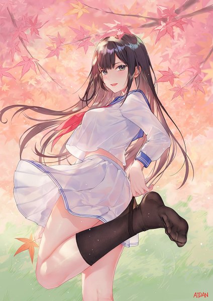 Anime picture 950x1344 with original atdan single long hair tall image looking at viewer blush fringe breasts open mouth smile brown hair standing holding green eyes signed outdoors long sleeves :d pleated skirt