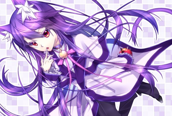 Anime picture 1480x1000 with original kawasaki toiro single looking at viewer animal ears purple hair tail very long hair animal tail cat ears cat girl cat tail floating hair finger to mouth girl bell jingle bell