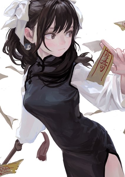 Anime picture 1000x1414 with original eyeball bracelet girl (fkey) fkey single long hair tall image blush fringe black hair simple background standing holding brown eyes looking away long sleeves traditional clothes arm up grey background two side up turning head