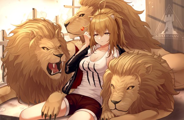 Anime picture 1500x975 with arknights siege (arknights) myung yi single long hair looking at viewer fringe hair between eyes brown hair sitting holding animal ears yellow eyes payot cleavage indoors open jacket fang (fangs) fur trim lion ears