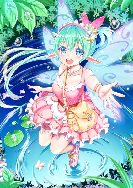 Anime-Bild 1191x1684 mit original tenzeru single long hair tall image looking at viewer blush fringe breasts open mouth blue eyes smile hair between eyes bare shoulders cleavage full body ahoge ponytail :d green hair