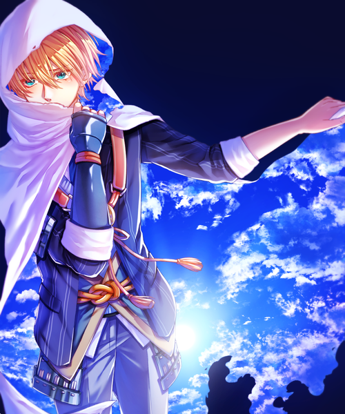Anime picture 1000x1201 with touken ranbu nitroplus yamanbagiri kunihiro yozakura single tall image fringe short hair blue eyes blonde hair hair between eyes standing looking away outstretched arm covered mouth double exposure sky print boy hood cape