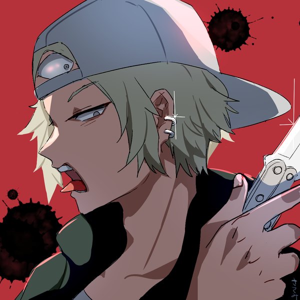 Anime picture 1200x1200 with undead unluck sean datz yyxw5385 single looking at viewer short hair open mouth upper body profile grey hair sparkle grey eyes piercing ear piercing red background boy knife baseball cap third eye