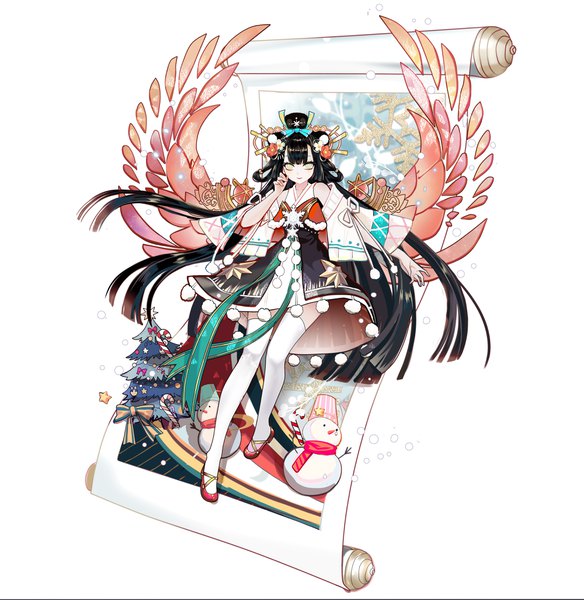 Anime picture 4000x4108 with original shan gui yu yao single tall image looking at viewer fringe highres black hair simple background white background green eyes yellow eyes absurdres full body very long hair traditional clothes hair flower wide sleeves outstretched arm snowing