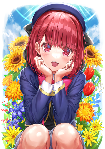 Anime picture 2894x4093 with oshi no ko arima kana nonoa-cg single tall image looking at viewer blush highres short hair open mouth red eyes sitting red hair :d head rest floral background girl uniform flower (flowers) school uniform