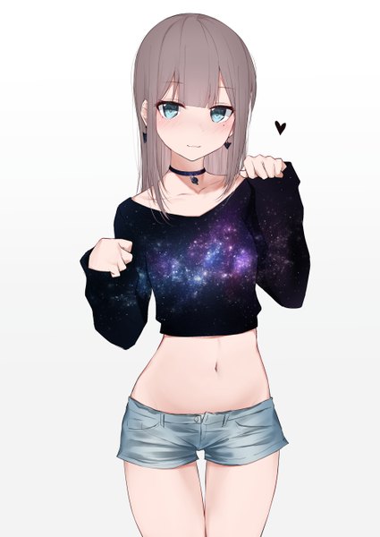 Anime picture 1000x1412 with original kanju single long hair tall image looking at viewer blush fringe blue eyes simple background standing white background blunt bangs long sleeves grey hair mole bare legs midriff mole under eye thigh gap