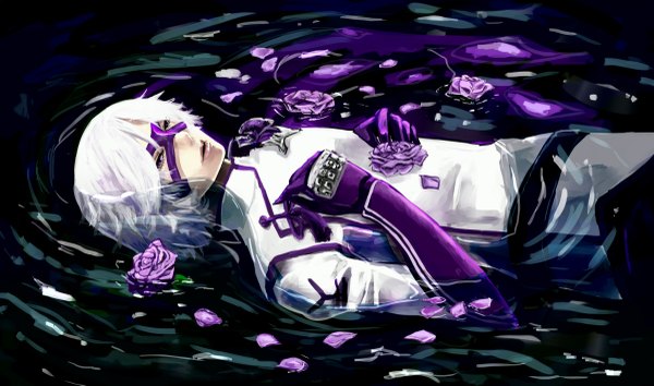 Anime picture 1200x709 with sengoku basara production i.g takenaka hanbei soto mura single short hair wide image purple eyes white hair lying ophelia's pose boy gloves flower (flowers) petals water armor rose (roses) mask