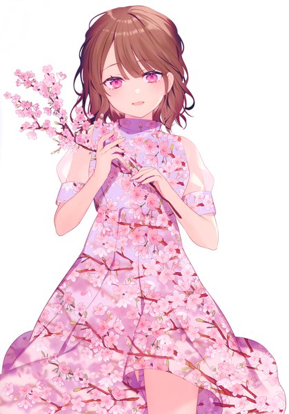 Anime picture 2102x3007 with original achiki single tall image looking at viewer blush fringe highres short hair simple background smile brown hair standing white background holding head tilt pink eyes scan short sleeves puffy sleeves
