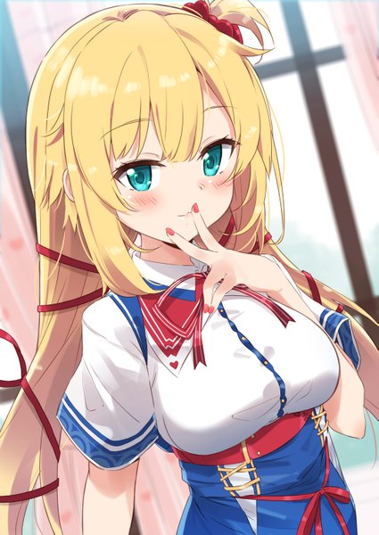 Anime-Bild 2149x3035 mit virtual youtuber hololive akai haato akai haato (1st costume) mousou (mousou temporary) single long hair tall image looking at viewer blush fringe highres breasts blonde hair large breasts standing twintails payot upper body nail polish