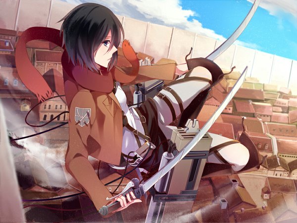 Anime picture 1000x750 with shingeki no kyojin production i.g mikasa ackerman 673rokunami single looking at viewer short hair blue eyes black hair holding sky cloud (clouds) long sleeves profile open clothes open jacket dual wielding girl weapon sword