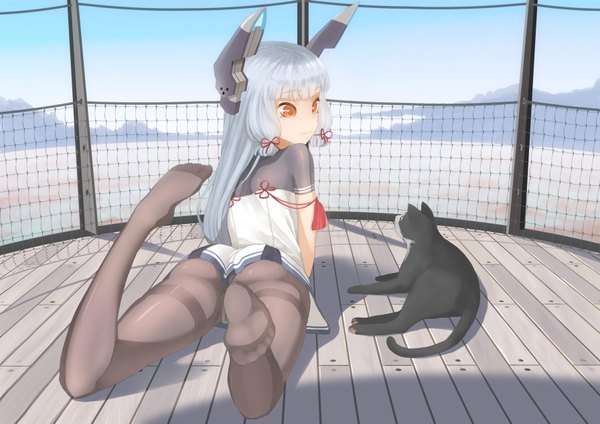 Anime picture 1792x1267 with kantai collection murakumo destroyer throtem single long hair fringe highres light erotic red eyes silver hair ass lying pantyshot no shoes on stomach tress ribbon girl skirt underwear panties