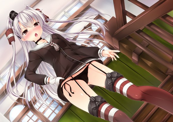 Anime picture 1500x1062 with kantai collection amatsukaze destroyer nironiro single long hair blush open mouth light erotic brown eyes white hair two side up hand on hip girl thighhighs underwear panties hat hair tubes mini hat mini top hat