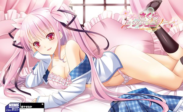 Anime picture 3268x2000 with sakura synchronicity dengeki hime kamishiro rise alto seneka single blush highres open mouth light erotic smile red eyes wide image twintails pink hair very long hair scan open clothes official art open shirt girl