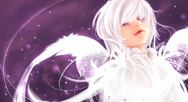 Anime picture 1024x560 with original little33cat single long hair looking at viewer short hair blue eyes wide image purple eyes white hair realistic purple background boy wings fireflies