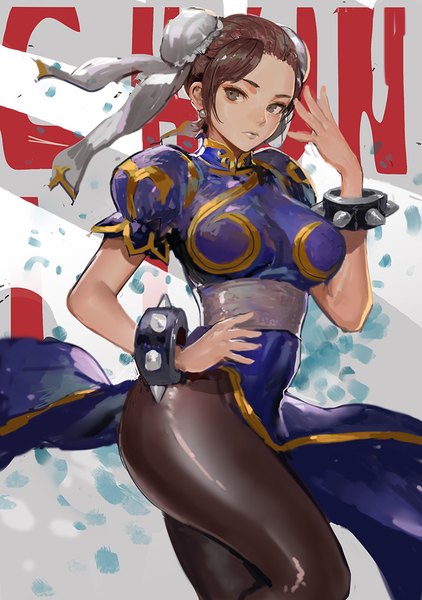 Anime picture 774x1100 with street fighter capcom chun-li canking single tall image short hair breasts brown hair traditional clothes black eyes chinese clothes girl pantyhose bracelet chinese dress spiked bracelet
