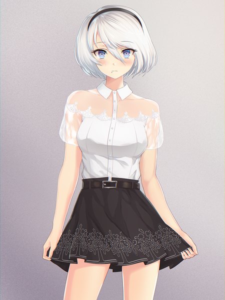 Anime picture 750x1000 with nier nier:automata yorha no. 2 type b badriel single tall image looking at viewer blush fringe short hair blue eyes simple background hair between eyes standing white hair pleated skirt fingernails grey background mole bare legs