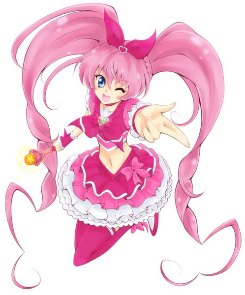 Anime picture 1295x1559 with precure suite precure toei animation houjou hibiki cure melody riponyan (artist) long hair tall image open mouth blue eyes simple background white background twintails pink hair full body one eye closed wink girl thighhighs dress