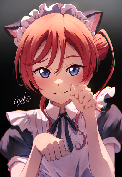 Anime picture 2834x4093 with hello!!! love live! sunrise (studio) love live! yoneme mei yatoroku single long hair tall image looking at viewer blush fringe highres blue eyes simple background hair between eyes animal ears upper body red hair cat ears maid