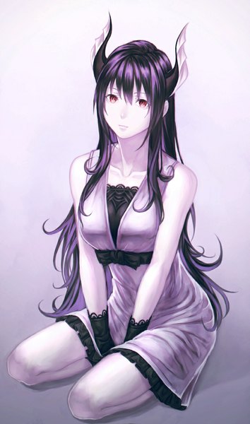 Anime picture 672x1139 with original mstm single long hair tall image looking at viewer black hair sitting purple eyes horn (horns) pale skin girl dress gloves black gloves