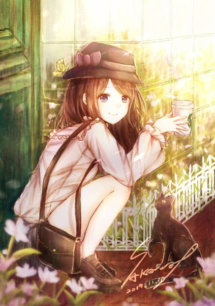 Anime picture 874x1240 with original sakana cho single long hair tall image looking at viewer fringe smile brown hair sitting purple eyes holding signed full body bent knee (knees) outdoors long sleeves sunlight bare legs happy