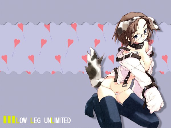 Anime picture 1024x768 with blue eyes light erotic brown hair animal ears tail open clothes open shirt wallpaper kneeling animal print dog ears dog tail lowleg cow print thighhighs underwear panties black thighhighs glasses belt