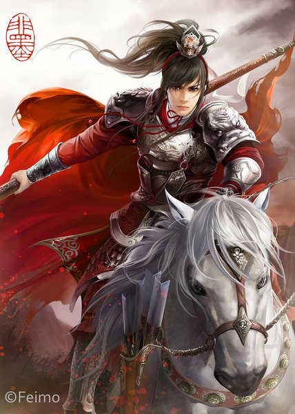 Anime picture 800x1122 with feimo single long hair tall image looking at viewer black hair brown eyes signed ponytail warrior boy hair ornament weapon animal armor cape spear arrow (arrows) horse