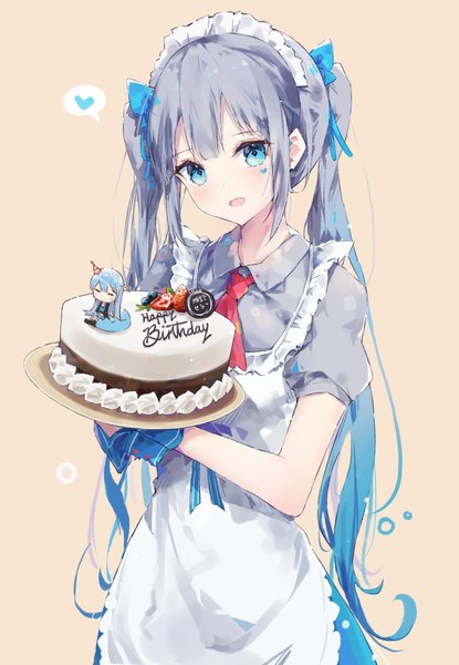 Anime picture 801x1158 with original tr (hareru) single long hair tall image looking at viewer open mouth blue eyes simple background twintails head tilt :d grey hair maid puffy sleeves facial mark happy birthday girl uniform bow