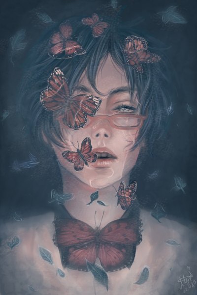 Anime picture 1000x1500 with free! kyoto animation ryugazaki rei renaillusion single tall image looking at viewer short hair open mouth black hair signed lips teeth partially submerged portrait boy water glasses insect butterfly