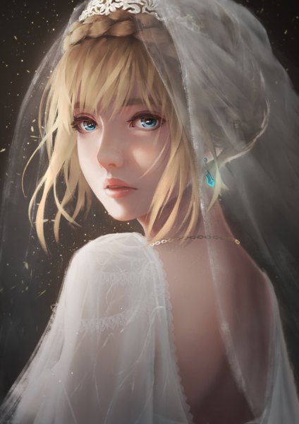 Anime picture 2480x3508 with original botamochi single tall image looking at viewer blush fringe highres short hair blue eyes blonde hair hair between eyes upper body braid (braids) parted lips looking back lips from behind sunlight realistic