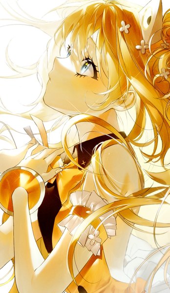 Anime picture 834x1440 with vocaloid seeu pb q single long hair tall image blue eyes upper body profile orange hair hand on chest looking up girl robot ears