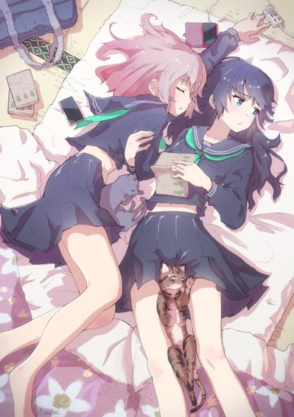 Anime picture 885x1254 with original kagawa yuusaku long hair tall image blush blue eyes black hair multiple girls holding looking away pink hair bent knee (knees) eyes closed profile pleated skirt barefoot bare legs midriff on back outstretched arm