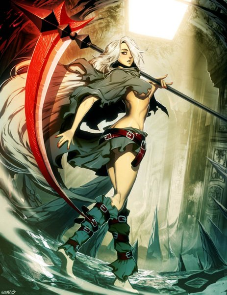 Anime picture 1000x1294 with original genzoman tall image fringe light erotic blonde hair red eyes signed very long hair nail polish looking back barefoot sunlight hair over one eye bare belly walking girl weapon belt cloak