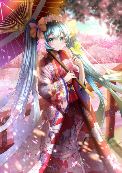 Anime picture 896x1272 with vocaloid hatsune miku naramiyaya single tall image looking at viewer blush fringe smile hair between eyes standing twintails holding sky cloud (clouds) outdoors very long hair traditional clothes japanese clothes hair flower