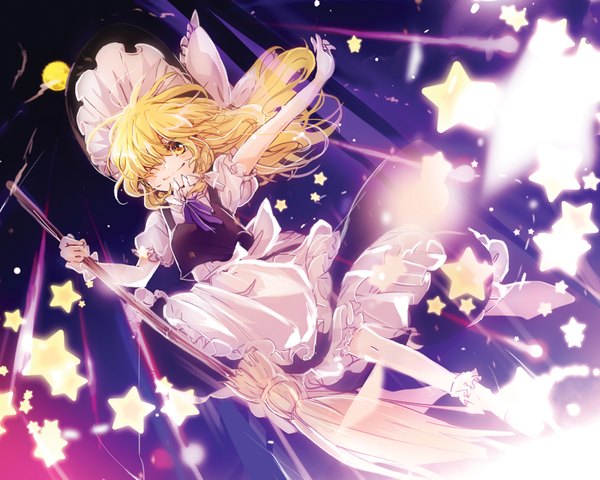 Anime picture 1300x1040 with touhou kirisame marisa poprication single long hair looking at viewer blush blonde hair smile yellow eyes braid (braids) one eye closed wink short sleeves puffy sleeves outstretched arm single braid girl skirt bow